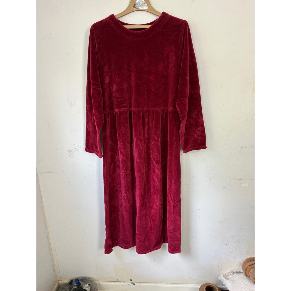 LL Bean Vintage Velour Dress Womens 18 Burgundy Red Long Sleeve Midi Made in USA
